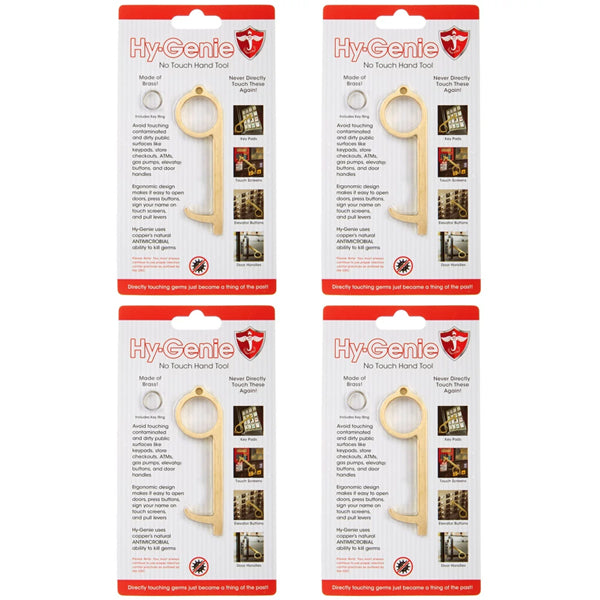 The Hy-Genie 4 Pack Brass No Touch Hand Tool lets you avoid direct contact with keypads, handles, and doors—just like the tool used by NY City Paramedics—for better hygiene. Retail packaging included.